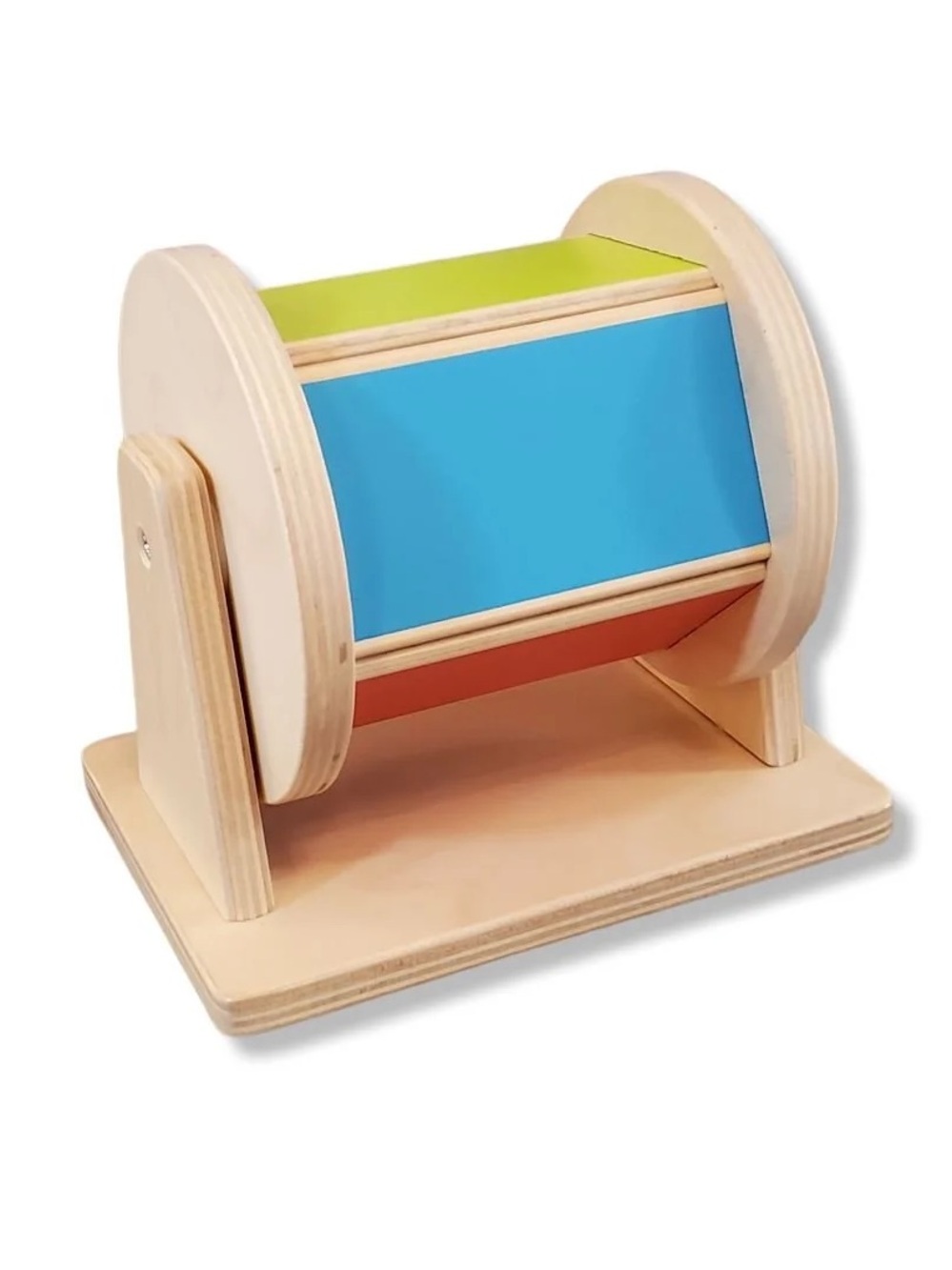 Wooden Rotating Learning Drum Toy in Blue, Green & Orange